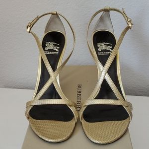 EUC Burberry Gold Leather Sandal Heels